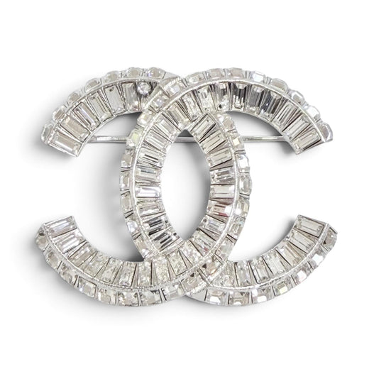 Excellent CHANEL Brooch COCO Mark CC Logo Rhinestone Crystal Bijou Silver F23V