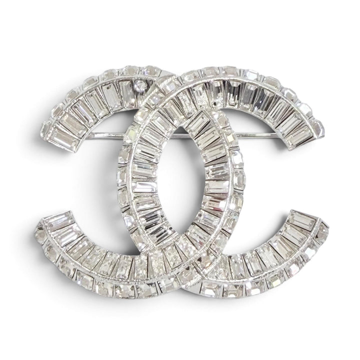 Excellent CHANEL Brooch COCO Mark CC Logo Rhinestone Crystal Bijou Silver F23V