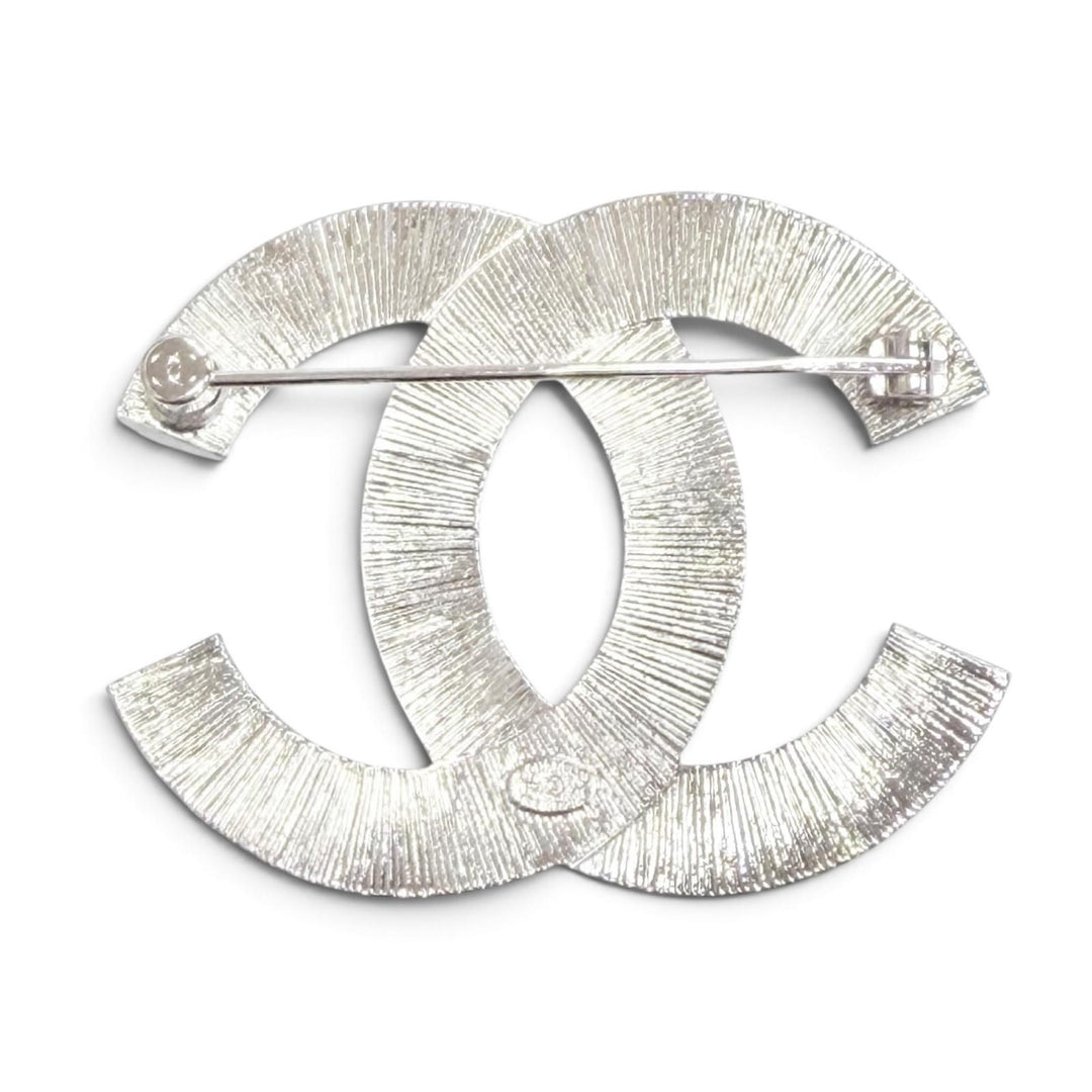 Excellent CHANEL Brooch COCO Mark CC Logo Rhinestone Crystal Bijou Silver F23V