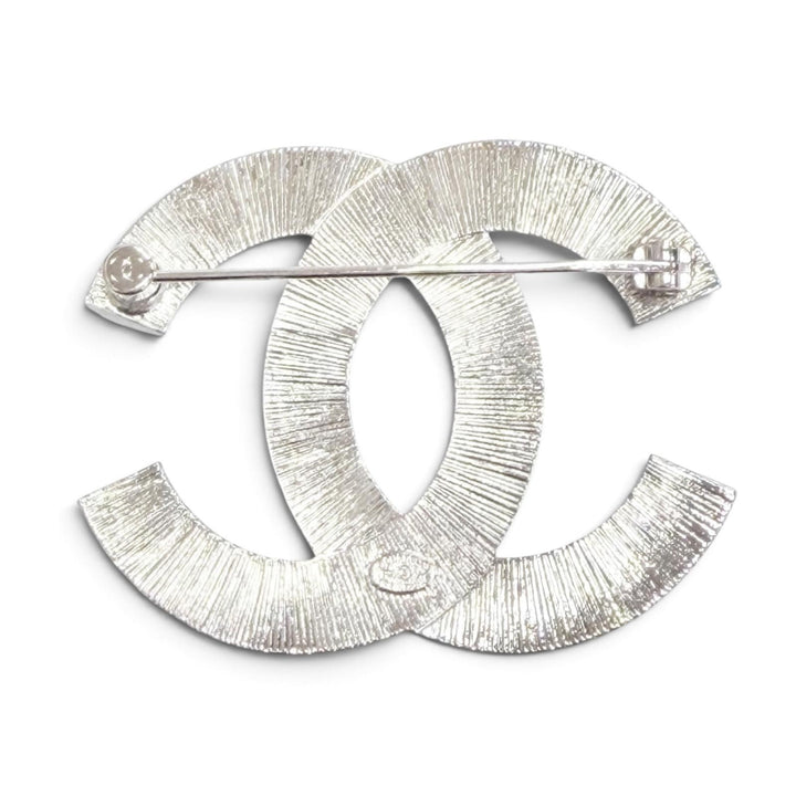Excellent CHANEL Brooch COCO Mark CC Logo Rhinestone Crystal Bijou Silver F23V