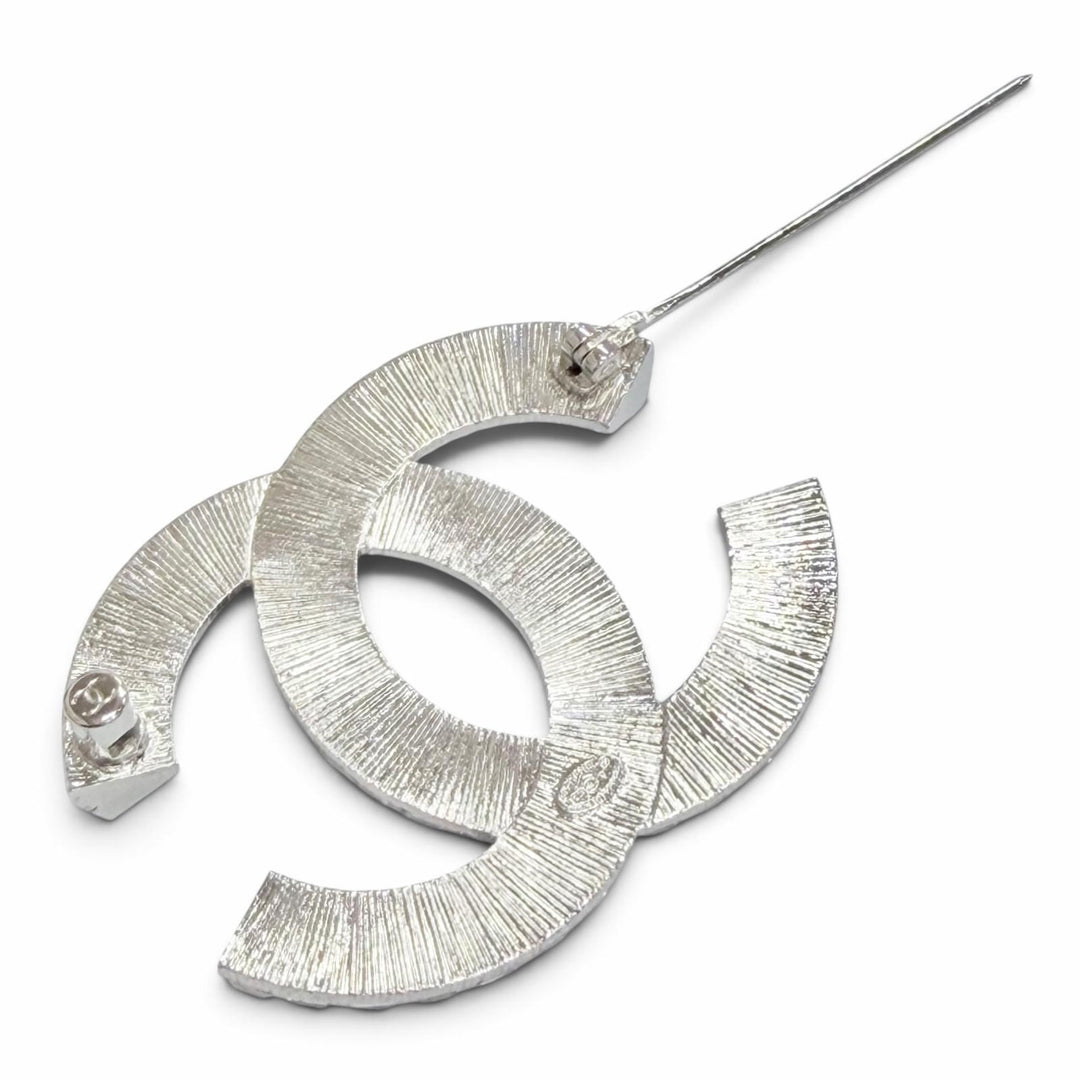 Excellent CHANEL Brooch COCO Mark CC Logo Rhinestone Crystal Bijou Silver F23V