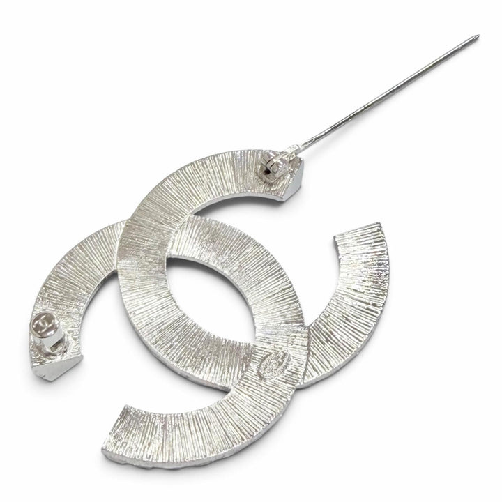 Excellent CHANEL Brooch COCO Mark CC Logo Rhinestone Crystal Bijou Silver F23V