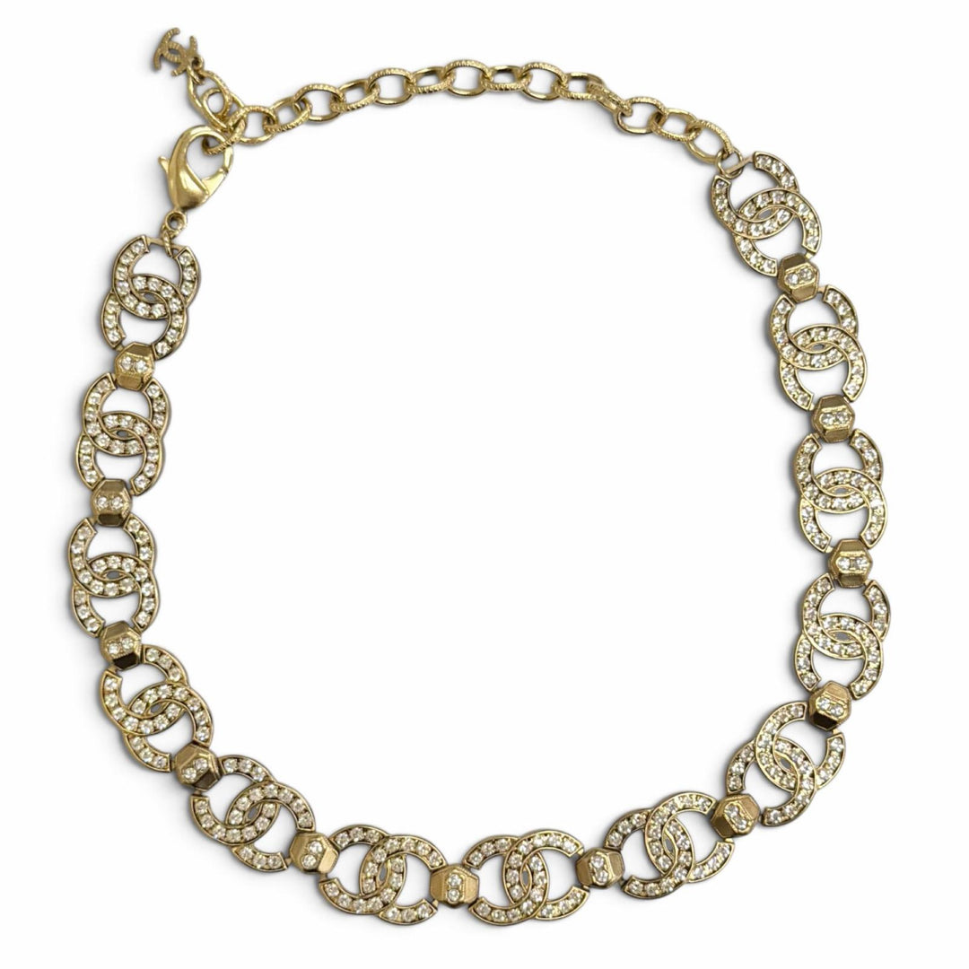 Excellent CHANEL Necklace COCO Mark Rhinestone Choker gold ー Women A21V