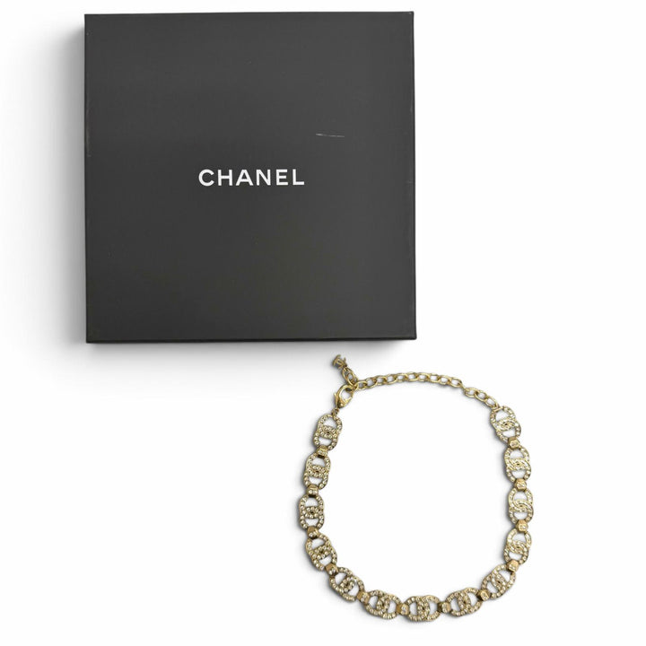 Excellent CHANEL Necklace COCO Mark Rhinestone Choker gold ー Women A21V