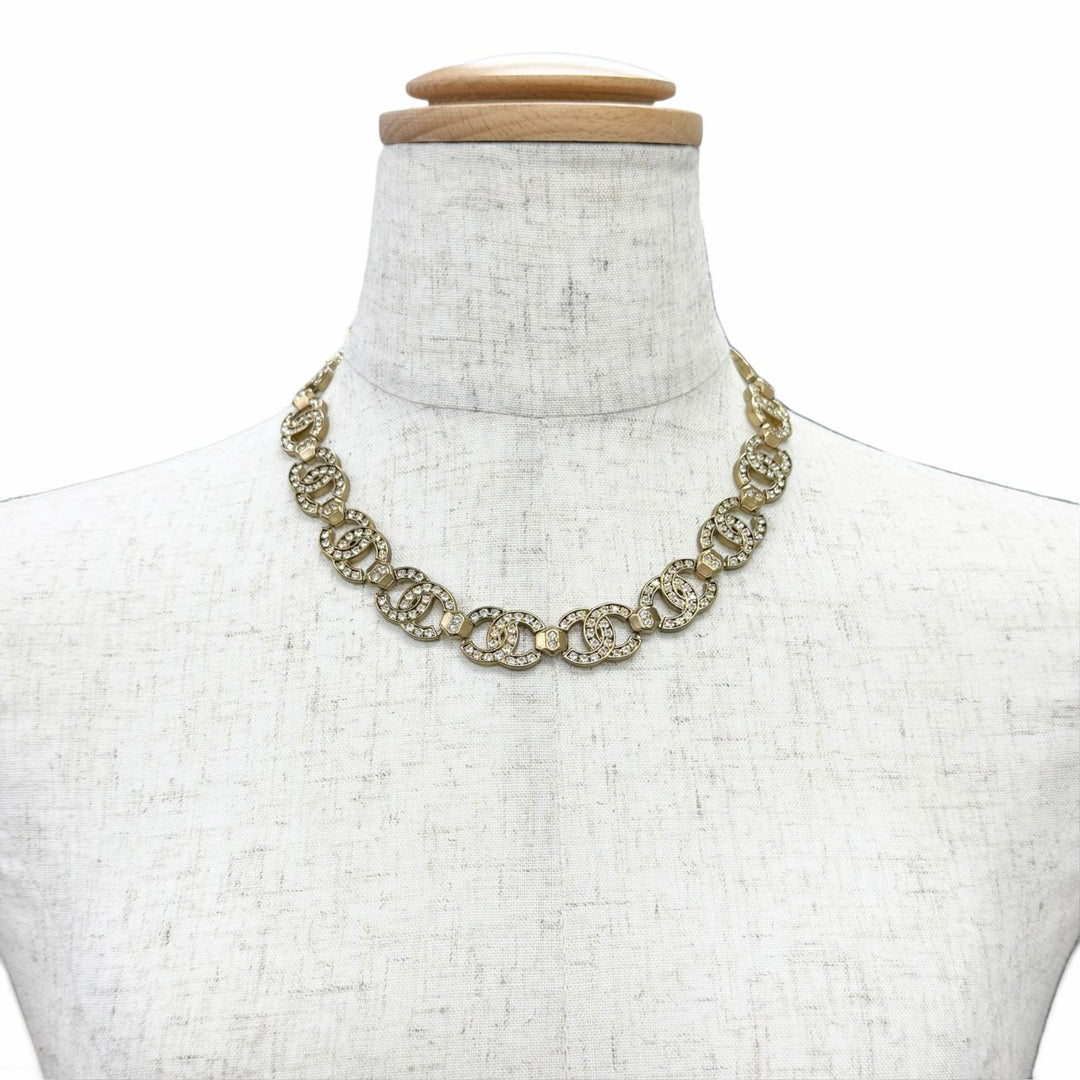 Excellent CHANEL Necklace COCO Mark Rhinestone Choker gold ー Women A21V