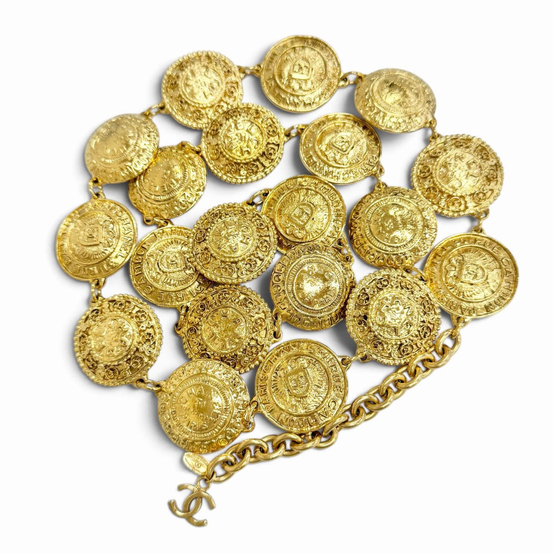 Excellent CHANEL COCO Mark Logo 31 RUE CAMBON Coin Motif Chain Belt gold