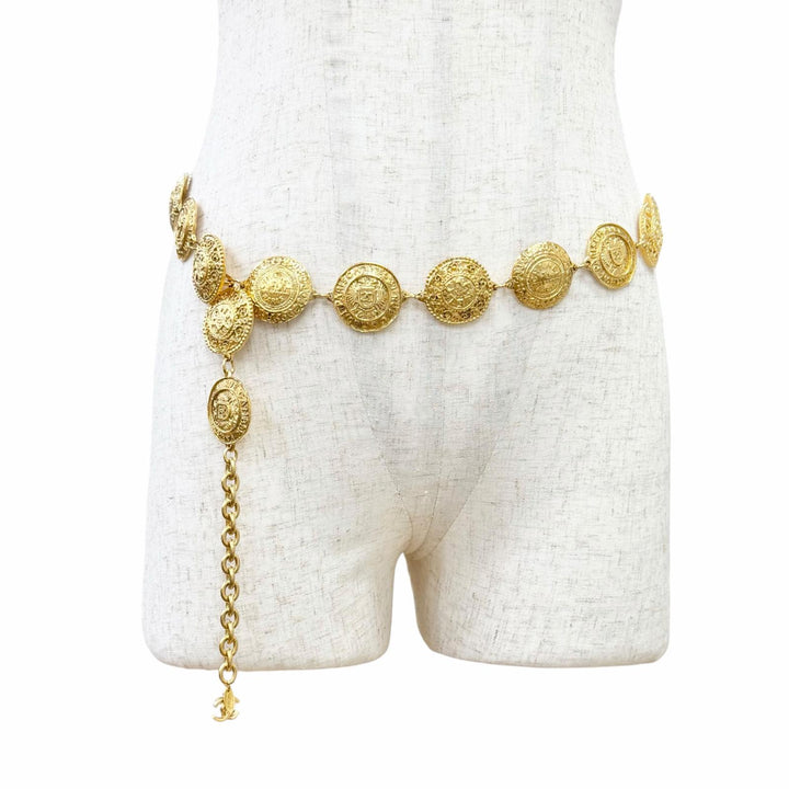 Excellent CHANEL COCO Mark Logo 31 RUE CAMBON Coin Motif Chain Belt gold