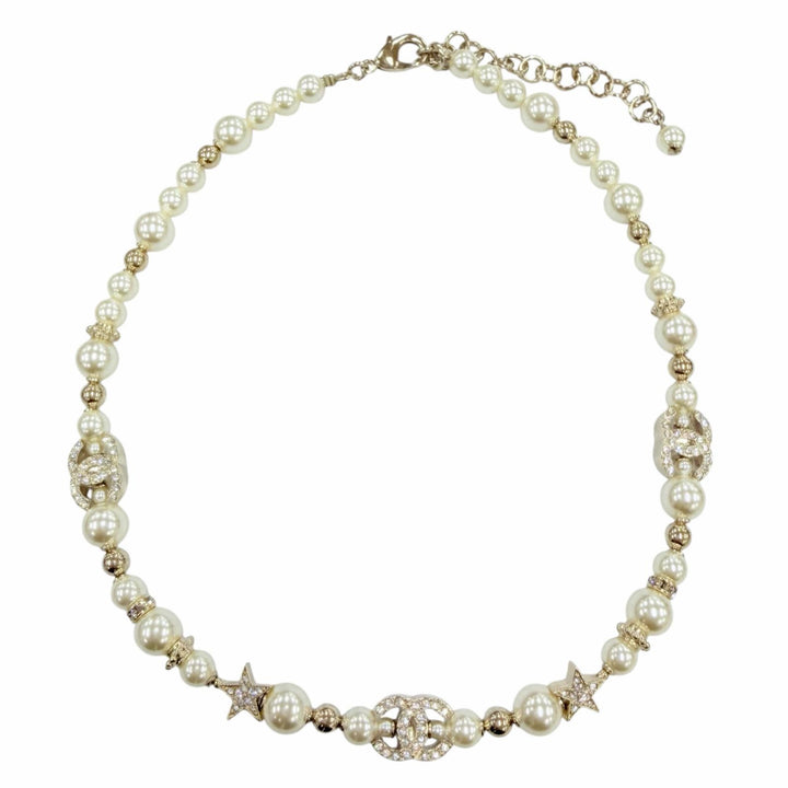 Excellent CHANEL Necklace COCO Mark Star Eco Pearl Rhinestone White system C23A