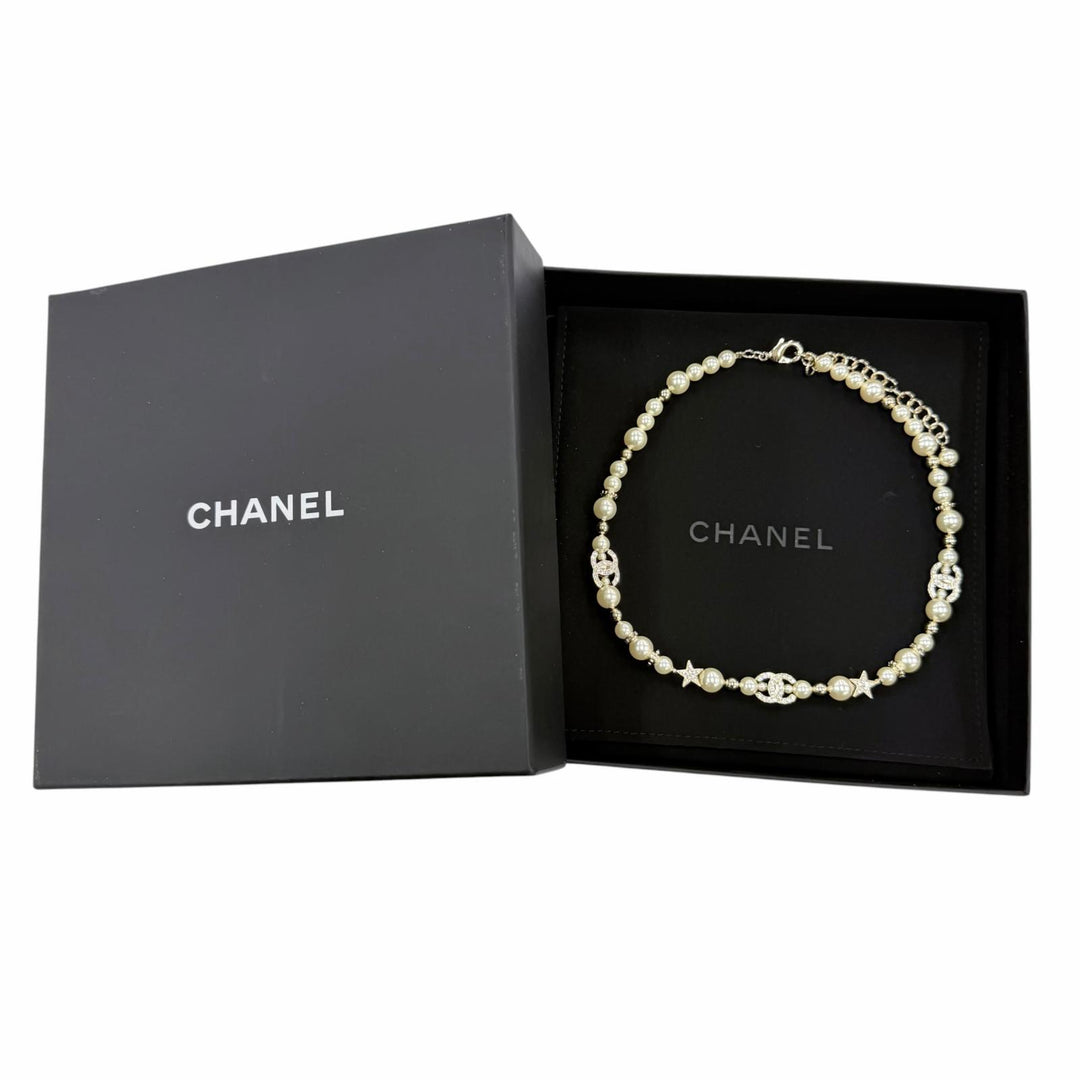 Excellent CHANEL Necklace COCO Mark Star Eco Pearl Rhinestone White system C23A