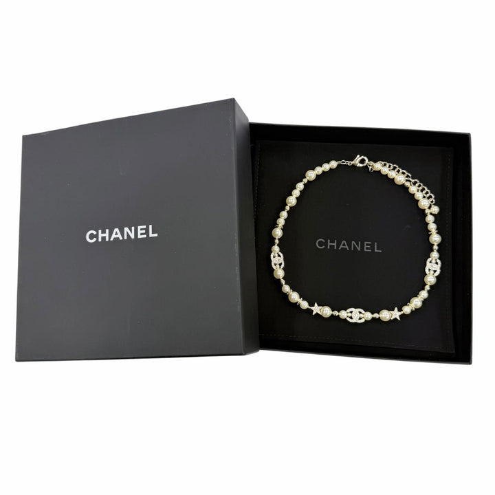 Excellent CHANEL Necklace COCO Mark Star Eco Pearl Rhinestone White system C23A