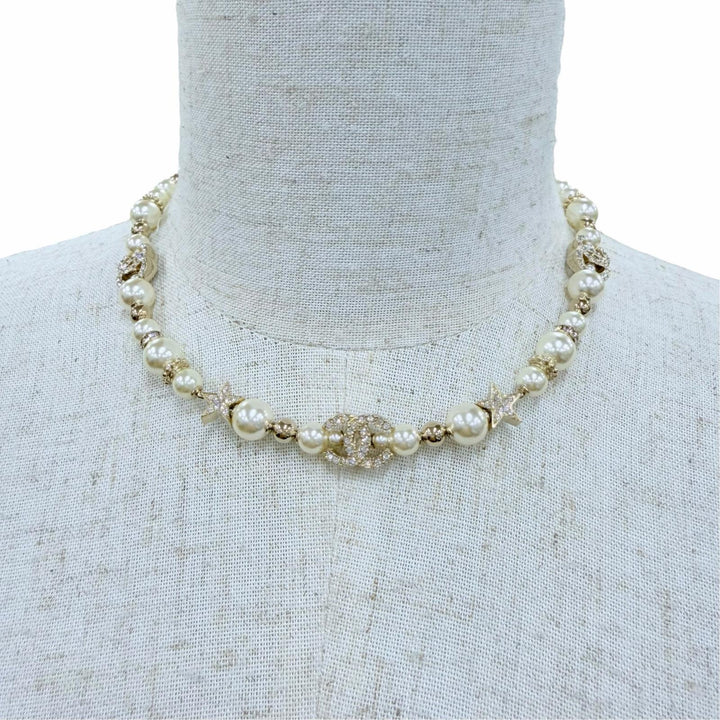 Excellent CHANEL Necklace COCO Mark Star Eco Pearl Rhinestone White system C23A