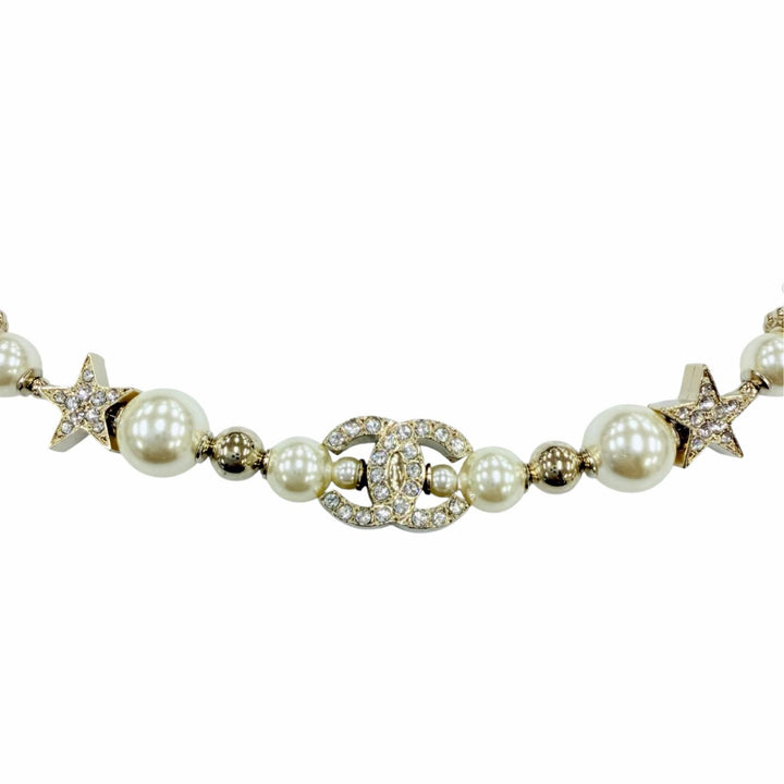 Excellent CHANEL Necklace COCO Mark Star Eco Pearl Rhinestone White system C23A
