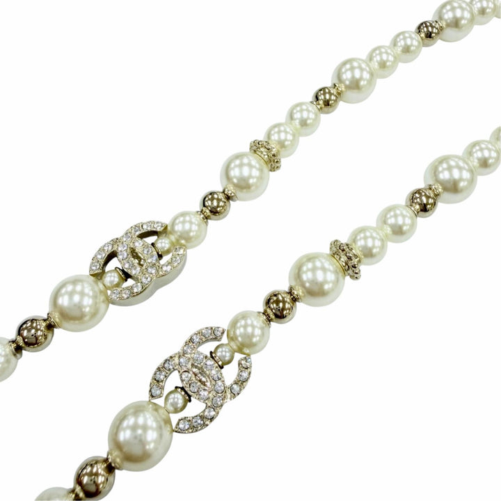 Excellent CHANEL Necklace COCO Mark Star Eco Pearl Rhinestone White system C23A