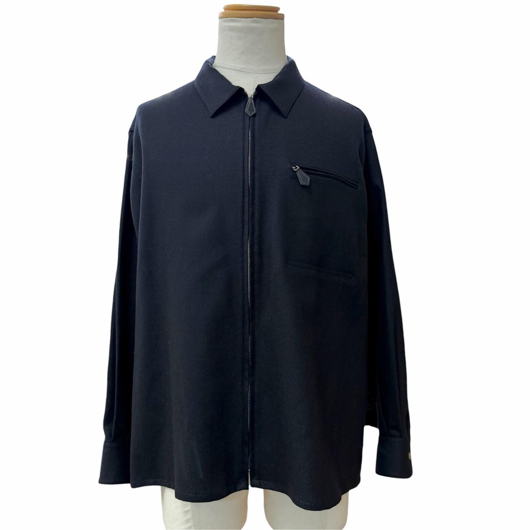 Great HERMES Jacket Sellier button leather zip-up shirt Dark navy wool mens 43