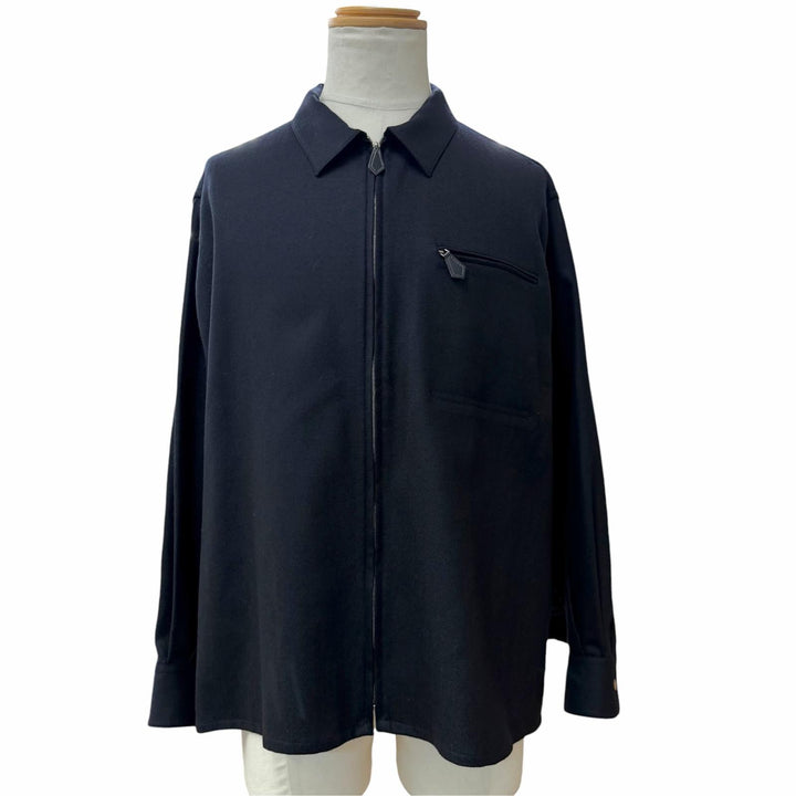 Great HERMES Jacket Sellier button leather zip-up shirt Dark navy wool mens 43