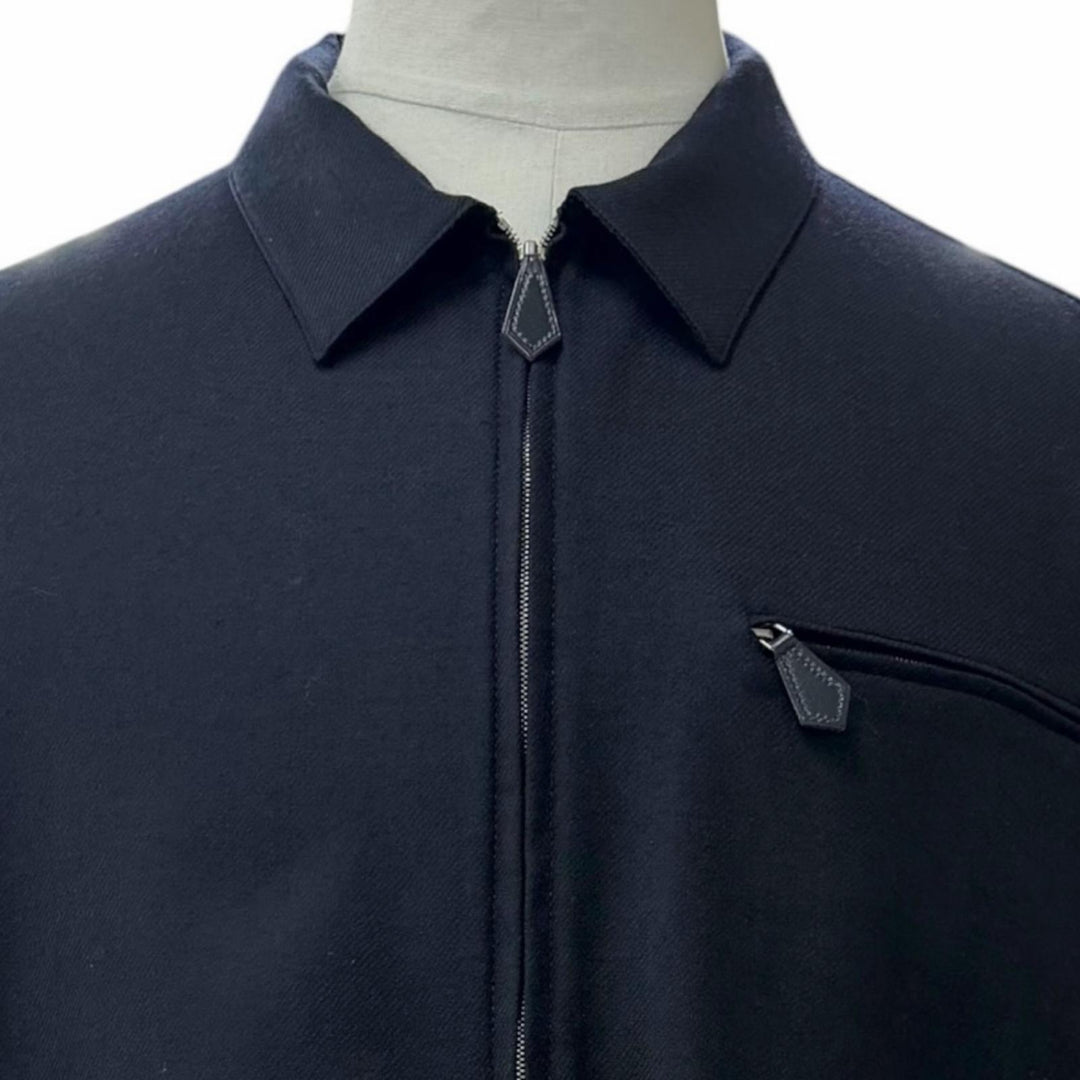 Great HERMES Jacket Sellier button leather zip-up shirt Dark navy wool mens 43