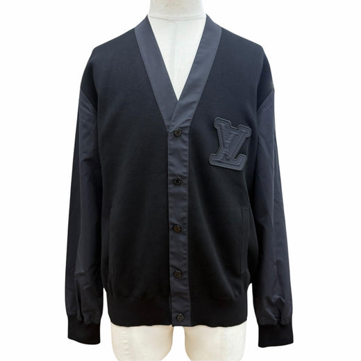 Excellent LOUIS VUITTON cardigan LV patch V-neck mixed material top black M