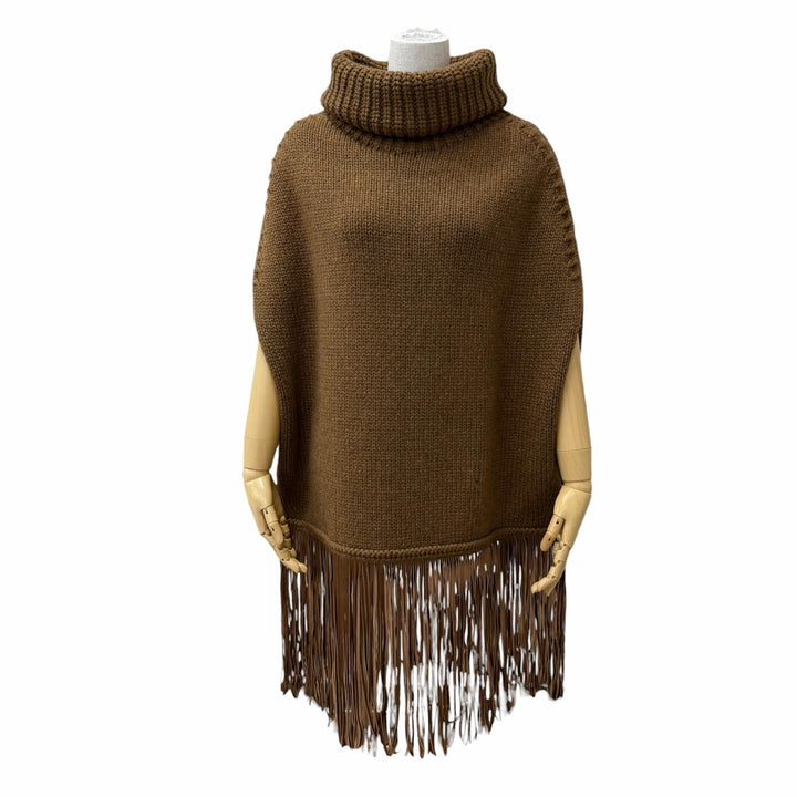 Excellent Agnona poncho Turtleneck knit cape with fringe Brown cashmere S