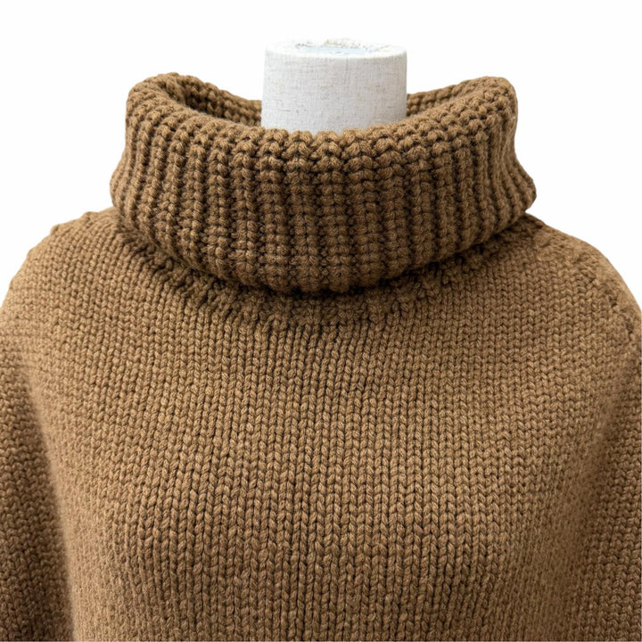 Excellent Agnona poncho Turtleneck knit cape with fringe Brown cashmere S
