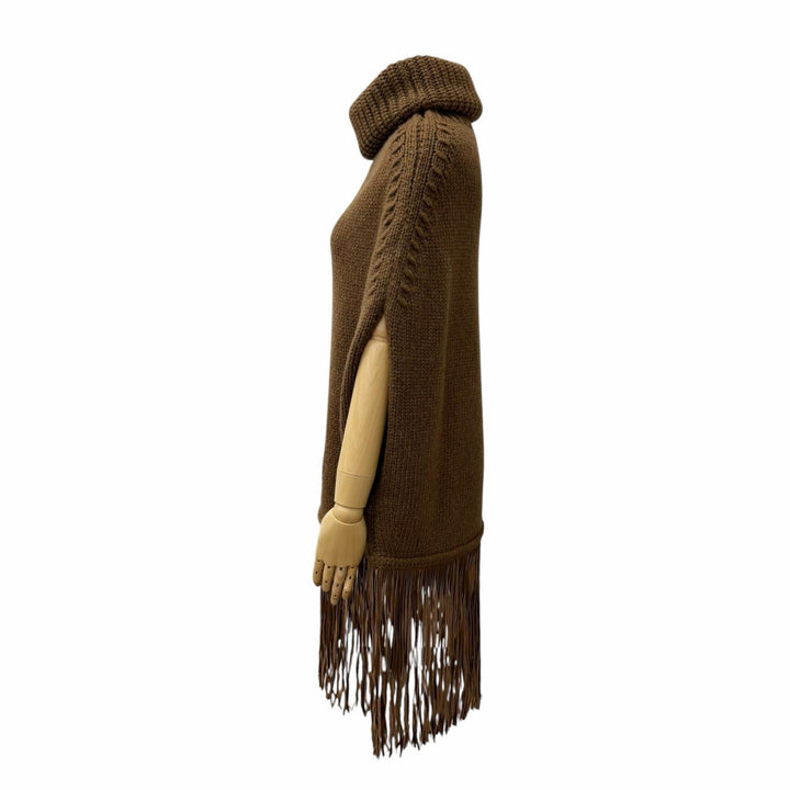 Excellent Agnona poncho Turtleneck knit cape with fringe Brown cashmere S