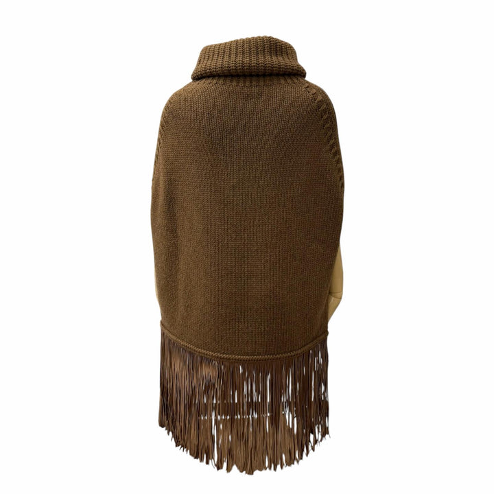 Excellent Agnona poncho Turtleneck knit cape with fringe Brown cashmere S