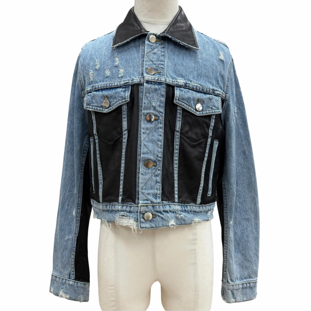 Great AMIRI Denim Jacket Tracker style with leather trim and distressed finish.