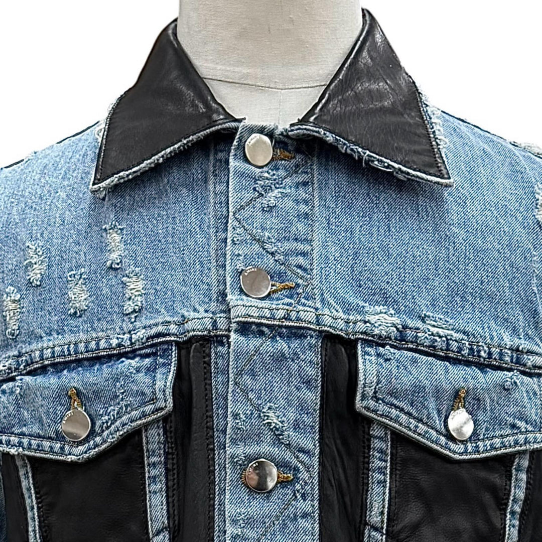 Great AMIRI Denim Jacket Tracker style with leather trim and distressed finish.