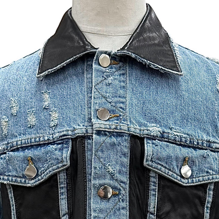 Great AMIRI Denim Jacket Tracker style with leather trim and distressed finish.