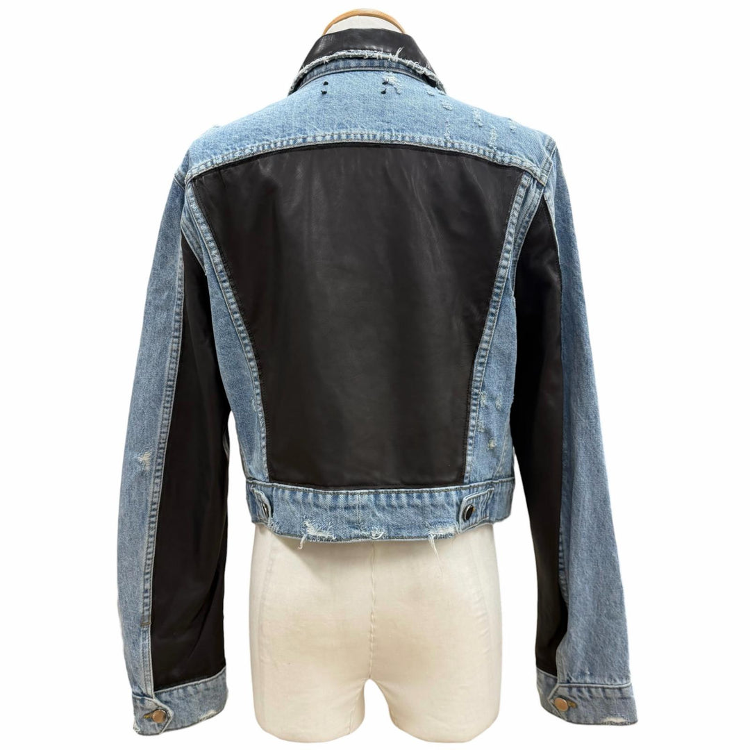 Great AMIRI Denim Jacket Tracker style with leather trim and distressed finish.