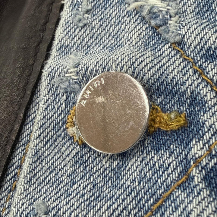 Great AMIRI Denim Jacket Tracker style with leather trim and distressed finish.