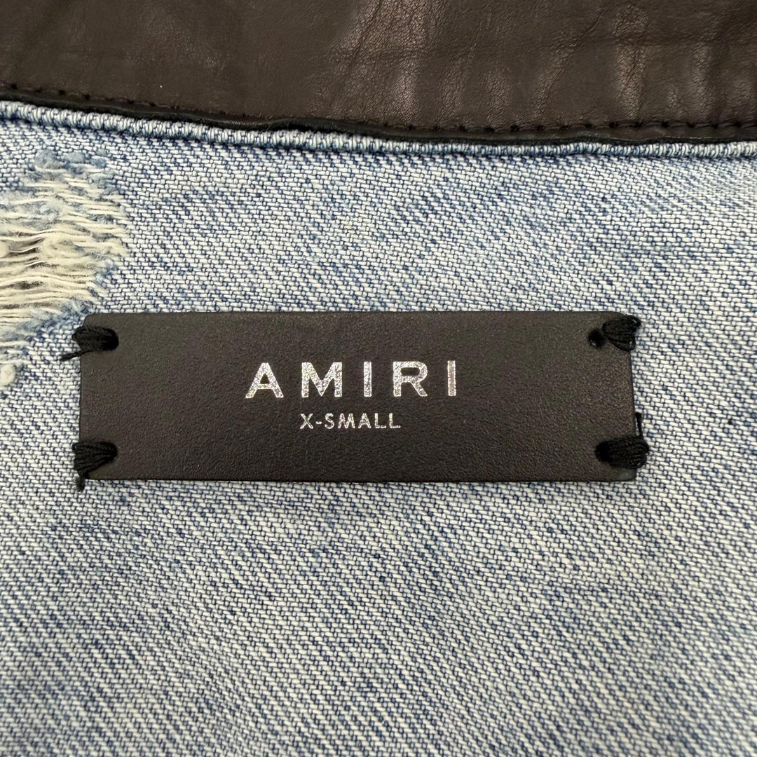 Great AMIRI Denim Jacket Tracker style with leather trim and distressed finish.