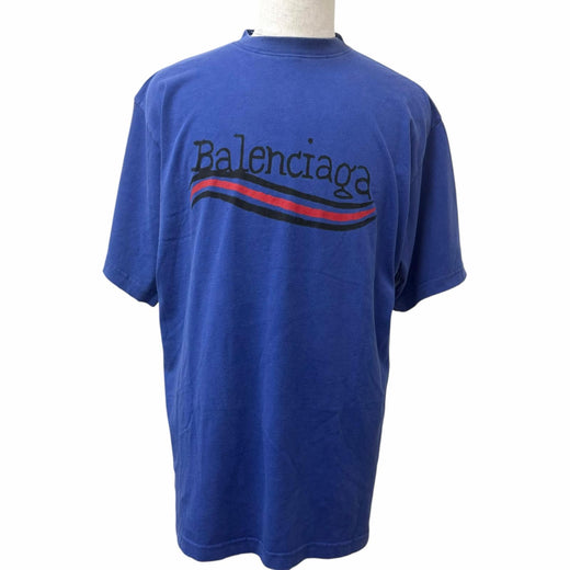 Excellent BALENCIAGA Short sleeve T-shirt Distressed finish campaign logo Navy