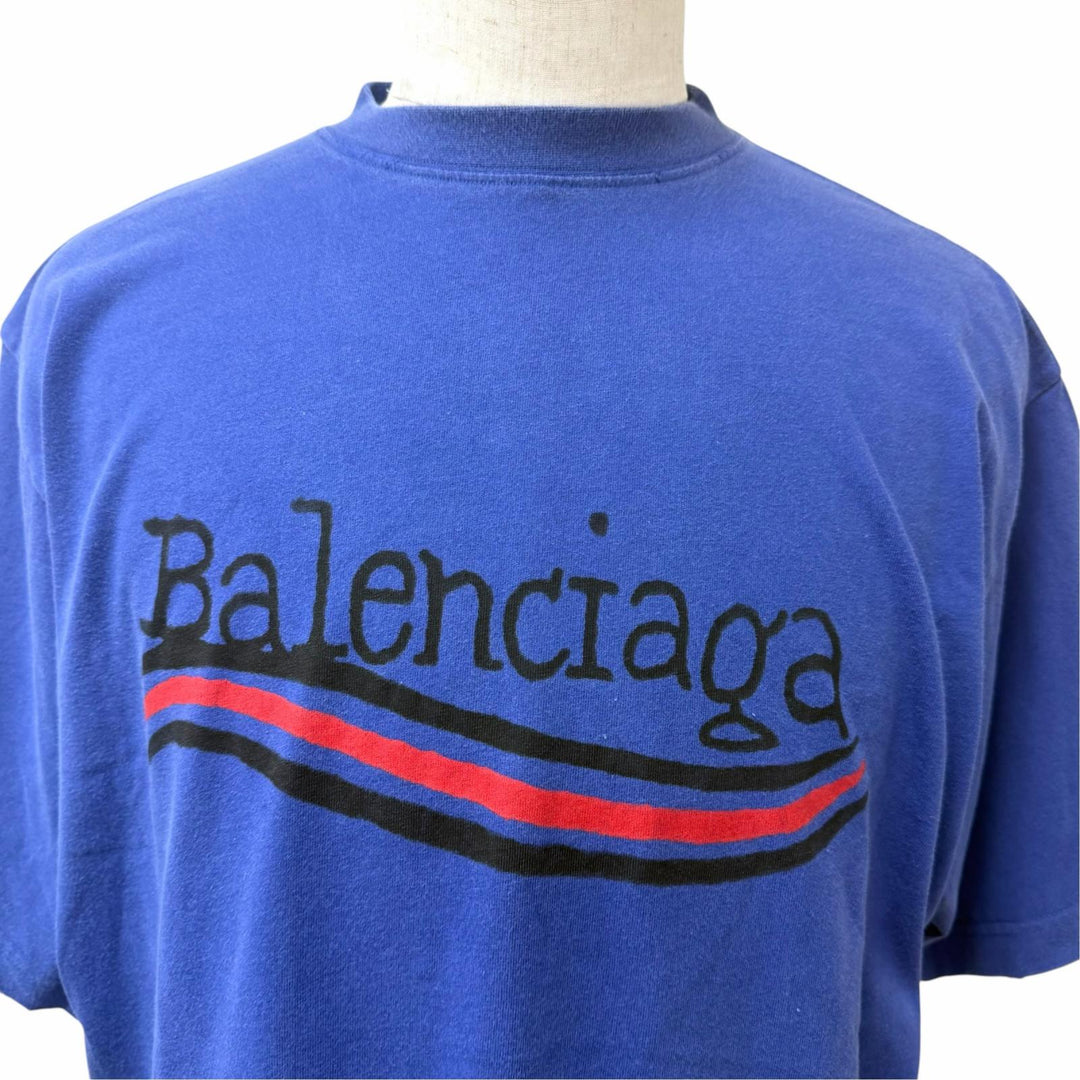 Excellent BALENCIAGA Short sleeve T-shirt Distressed finish campaign logo Navy