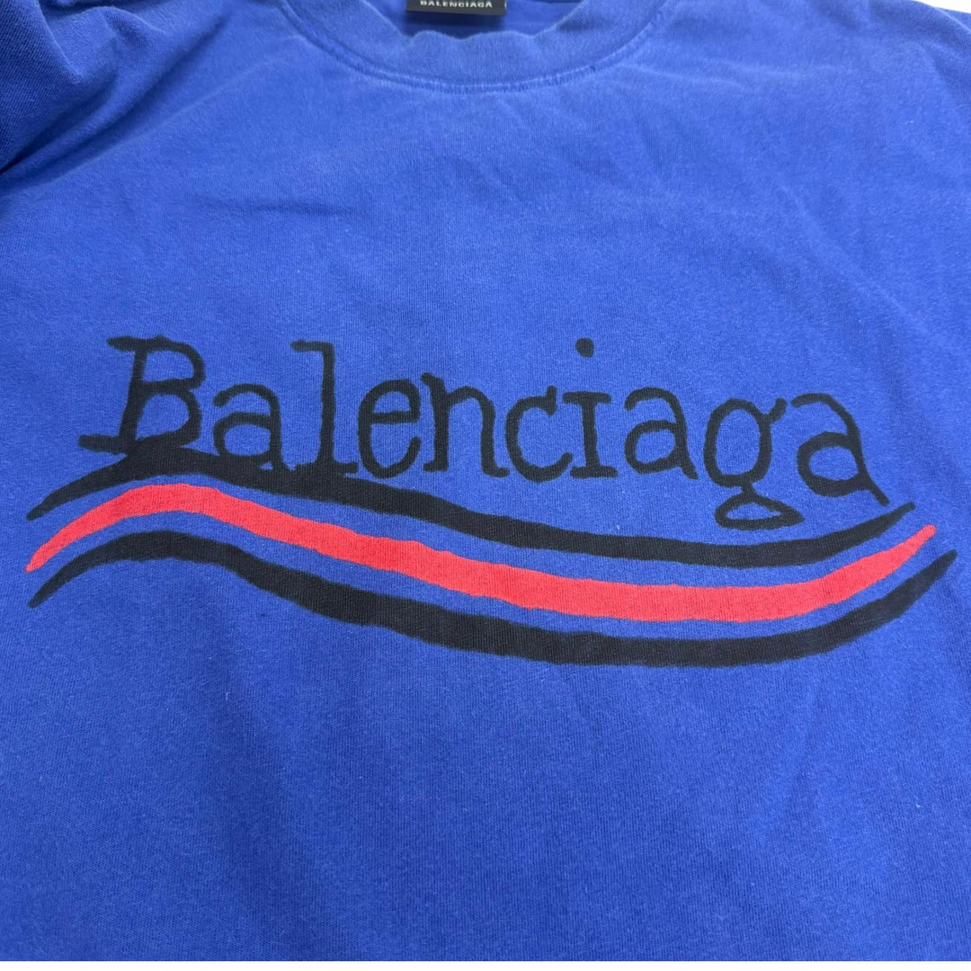 Excellent BALENCIAGA Short sleeve T-shirt Distressed finish campaign logo Navy