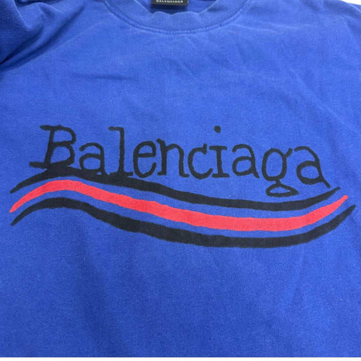 Excellent BALENCIAGA Short sleeve T-shirt Distressed finish campaign logo Navy