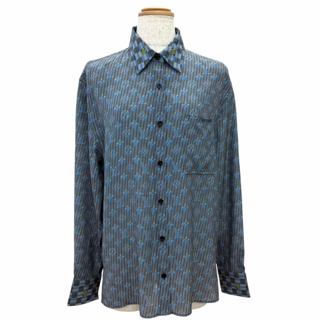 Pristine LOUIS VUITTON Long sleeve shirt 3D monogram print logo buttons silk 34