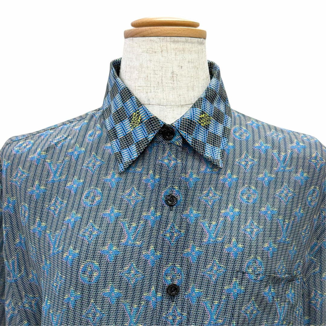 Pristine LOUIS VUITTON Long sleeve shirt 3D monogram print logo buttons silk 34