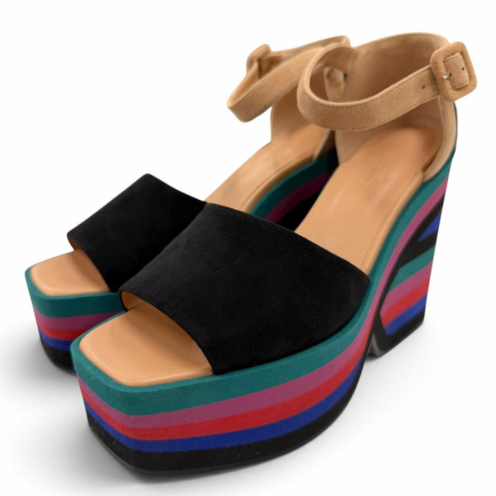 Great HERMES Sandals Wedge sole ankle strap black Suede leather Women 37.5