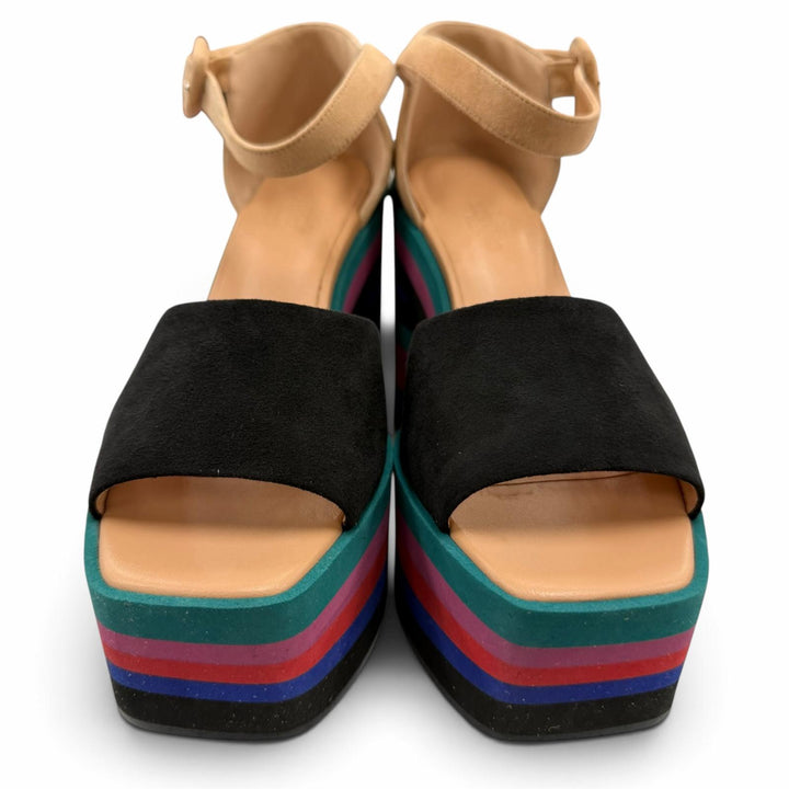 Great HERMES Sandals Wedge sole ankle strap black Suede leather Women 37.5