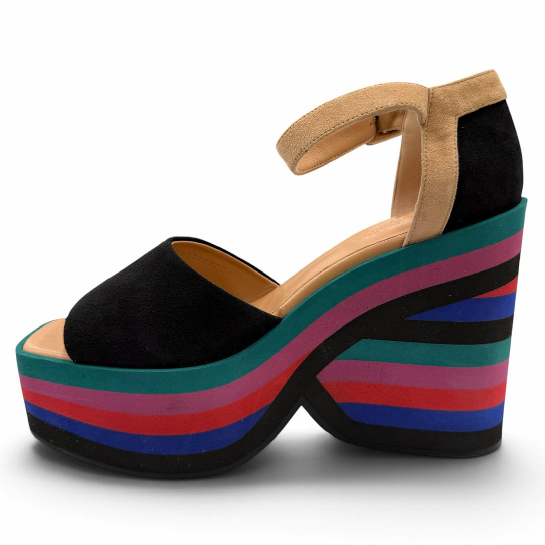 Great HERMES Sandals Wedge sole ankle strap black Suede leather Women 37.5