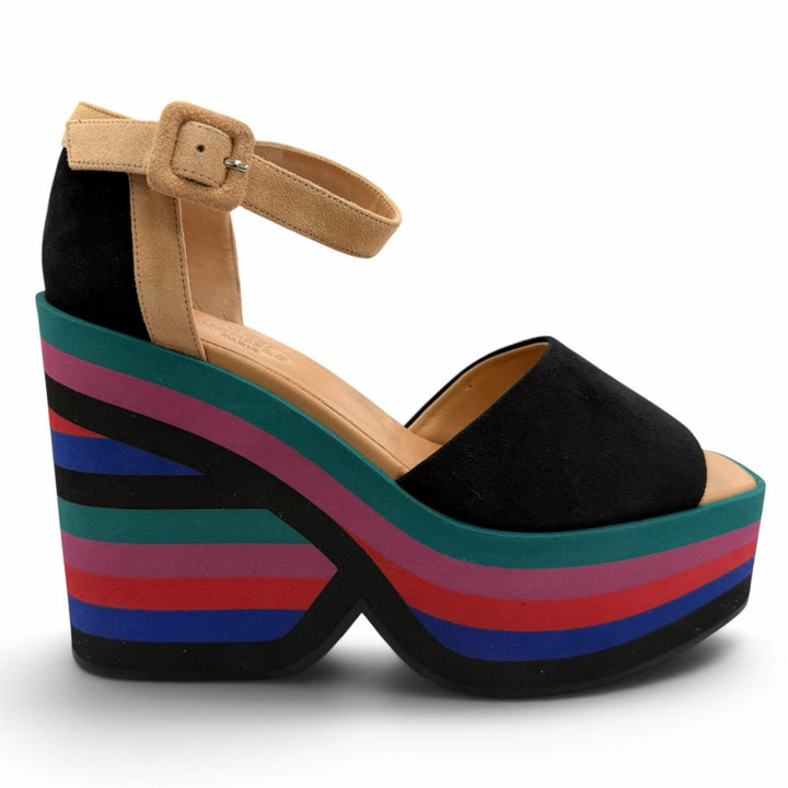 Great HERMES Sandals Wedge sole ankle strap black Suede leather Women 37.5