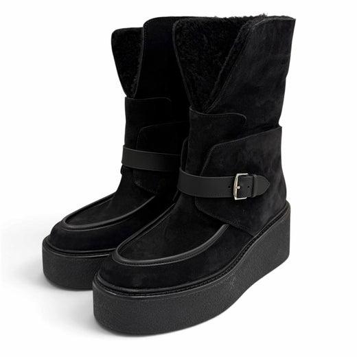 Excellent HERMES short boots Emisfer Belt design black Suede leather Women IT 36