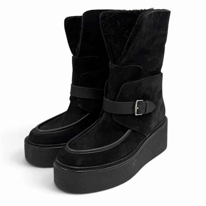 Excellent HERMES short boots Emisfer Belt design black Suede leather Women IT 36