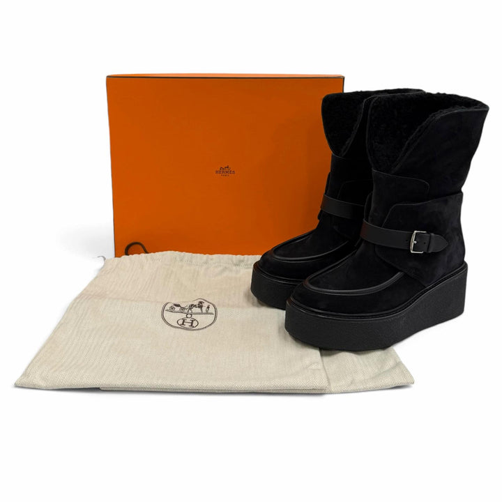 Excellent HERMES short boots Emisfer Belt design black Suede leather Women IT 36