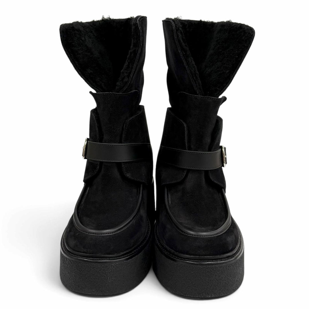 Excellent HERMES short boots Emisfer Belt design black Suede leather Women IT 36