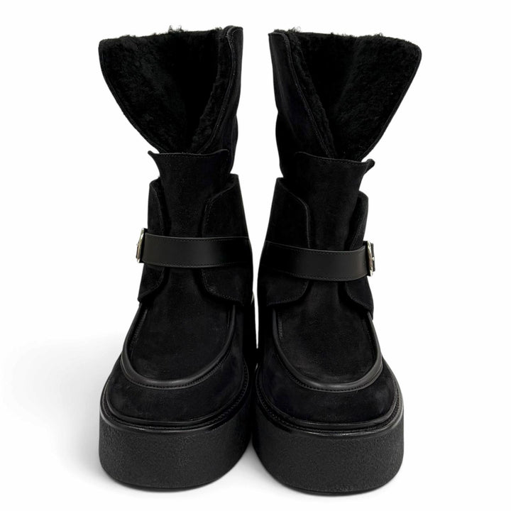 Excellent HERMES short boots Emisfer Belt design black Suede leather Women IT 36