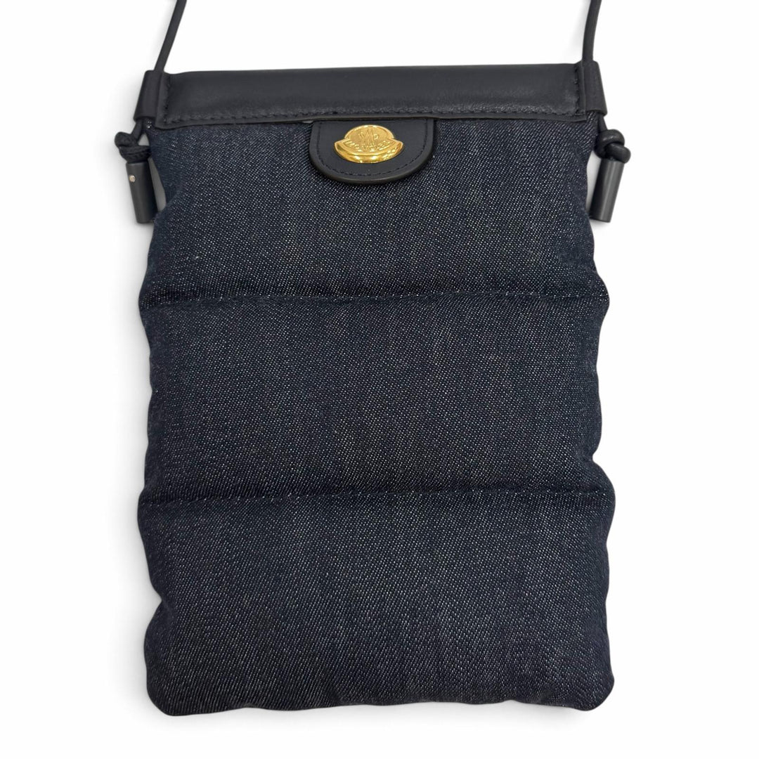 Pristine MONCLER Shoulder Bag Logo Metal Leather Denim Indigo cotton Women