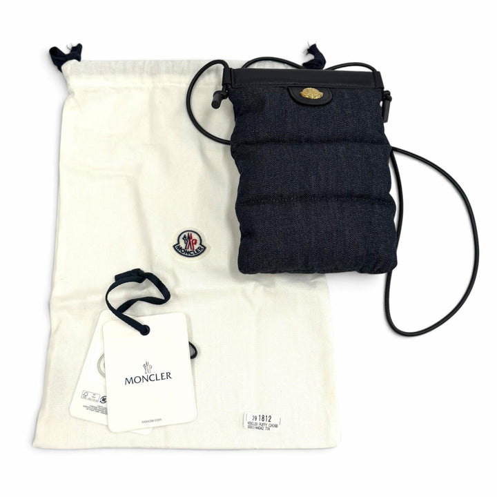 Pristine MONCLER Shoulder Bag Logo Metal Leather Denim Indigo cotton Women