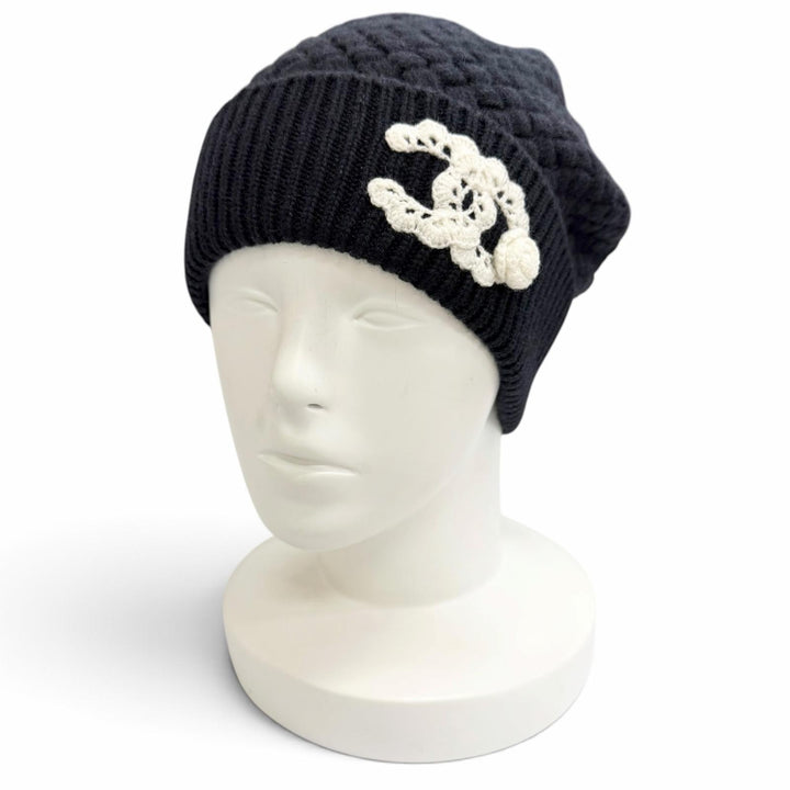 Excellent CHANEL Knit cap Lace knit COCO Mark Camellia motif Dark navy cashmere
