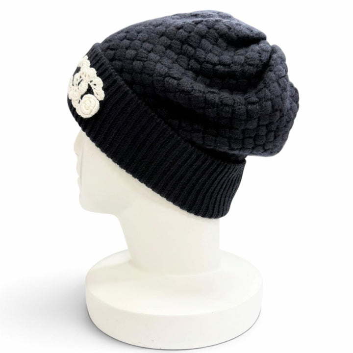 Excellent CHANEL Knit cap Lace knit COCO Mark Camellia motif Dark navy cashmere